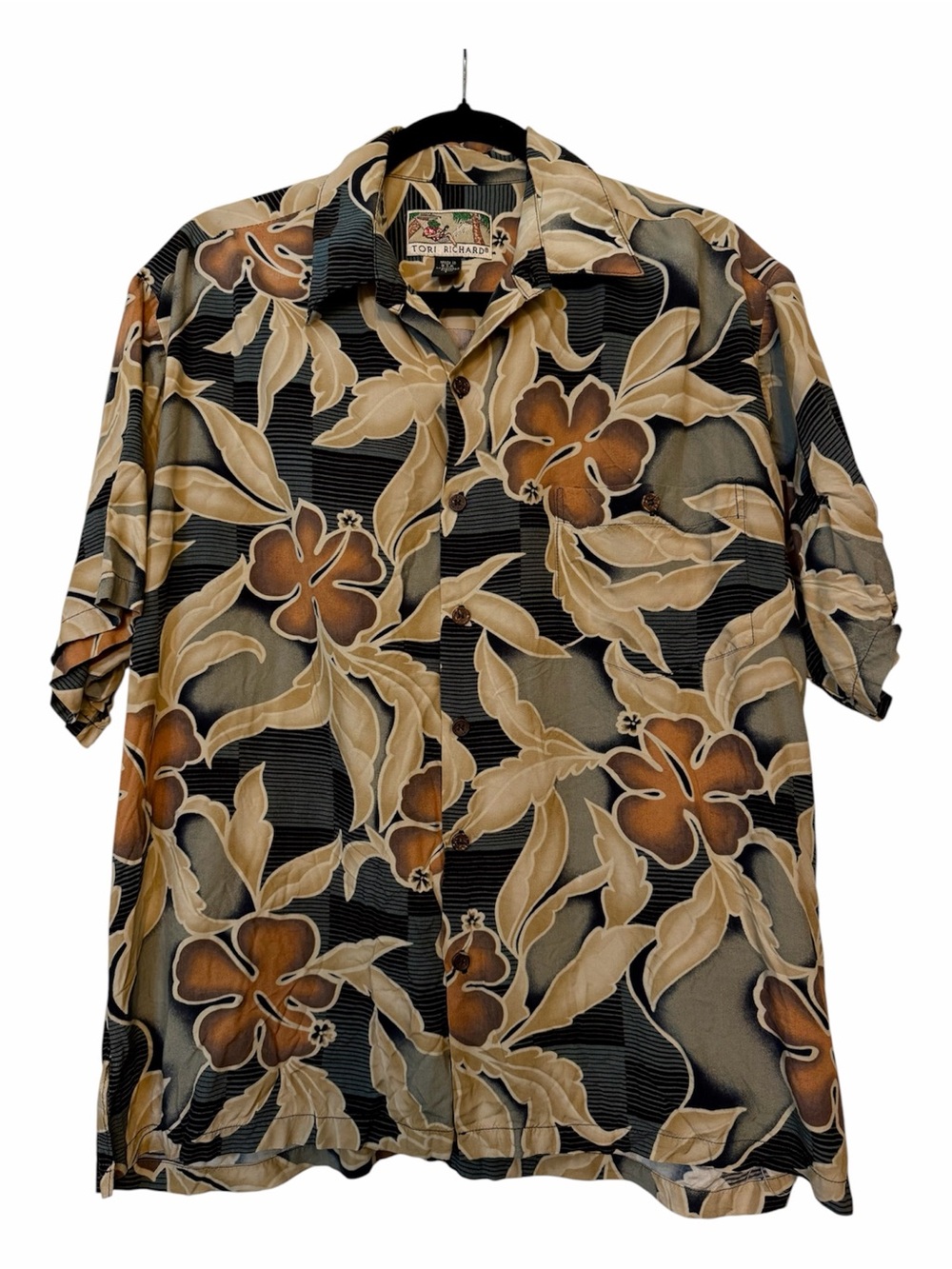 Tori Richard Black Hibiscus Hawaiian Button-Down Brown Cream Orange Large